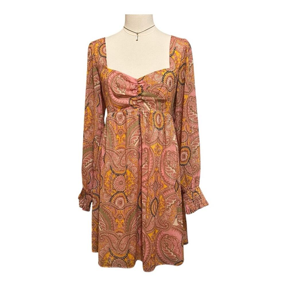 BCBGeneration Pink Paisley Sweetheart Long Sleeve Dress, Size 10, Mini